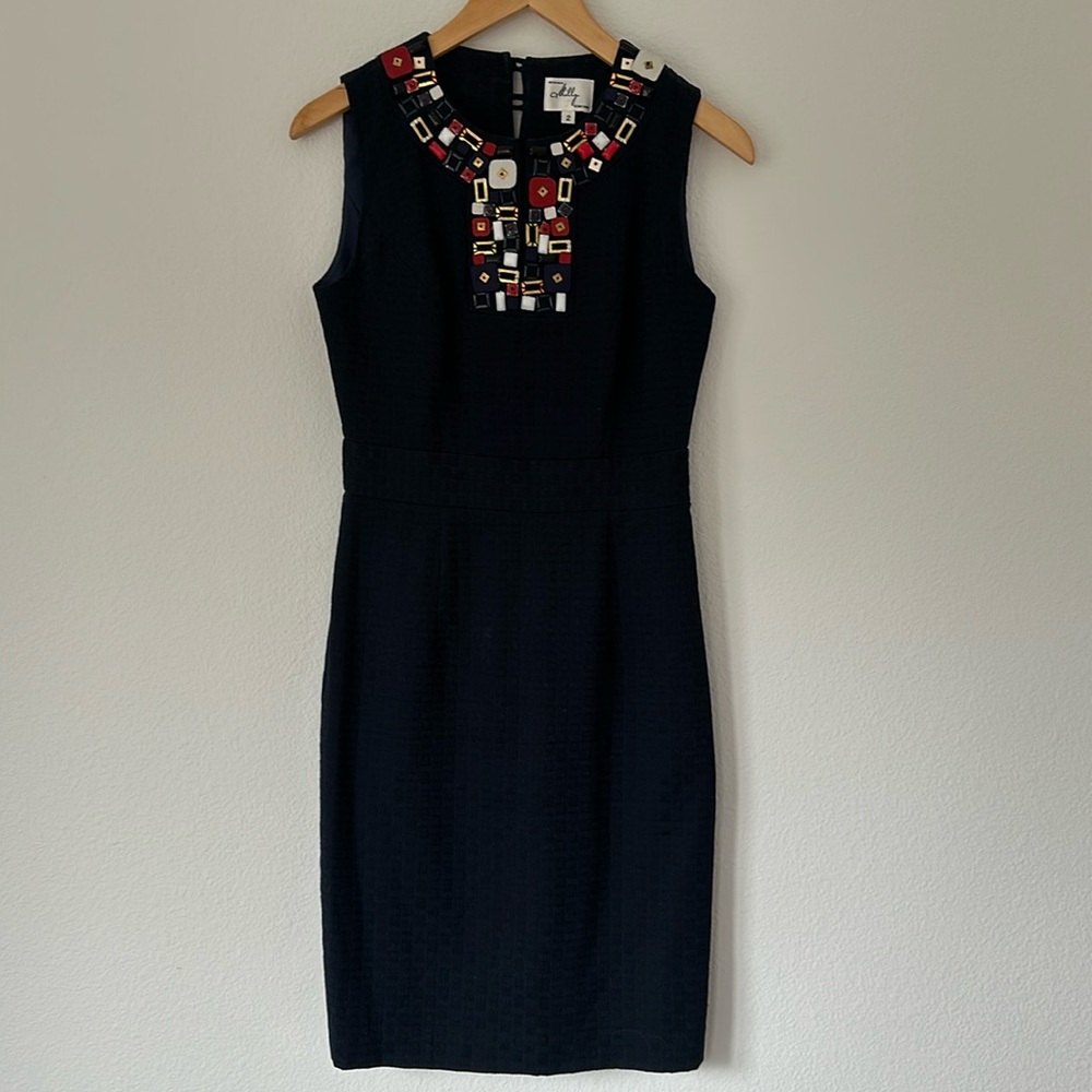 Milly navy sleeveless pencil dress with neck gem detail, back zip, women's sz 2